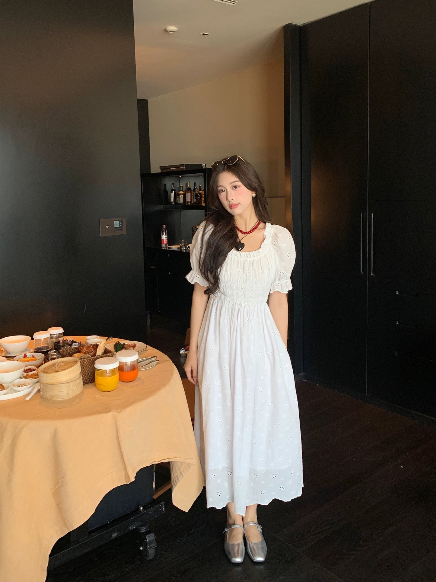Summer Home Heavy Embroidery Hollow Sweet French Puff Sleeve Short Sleeve Dress Women's Summer White Long Skirt