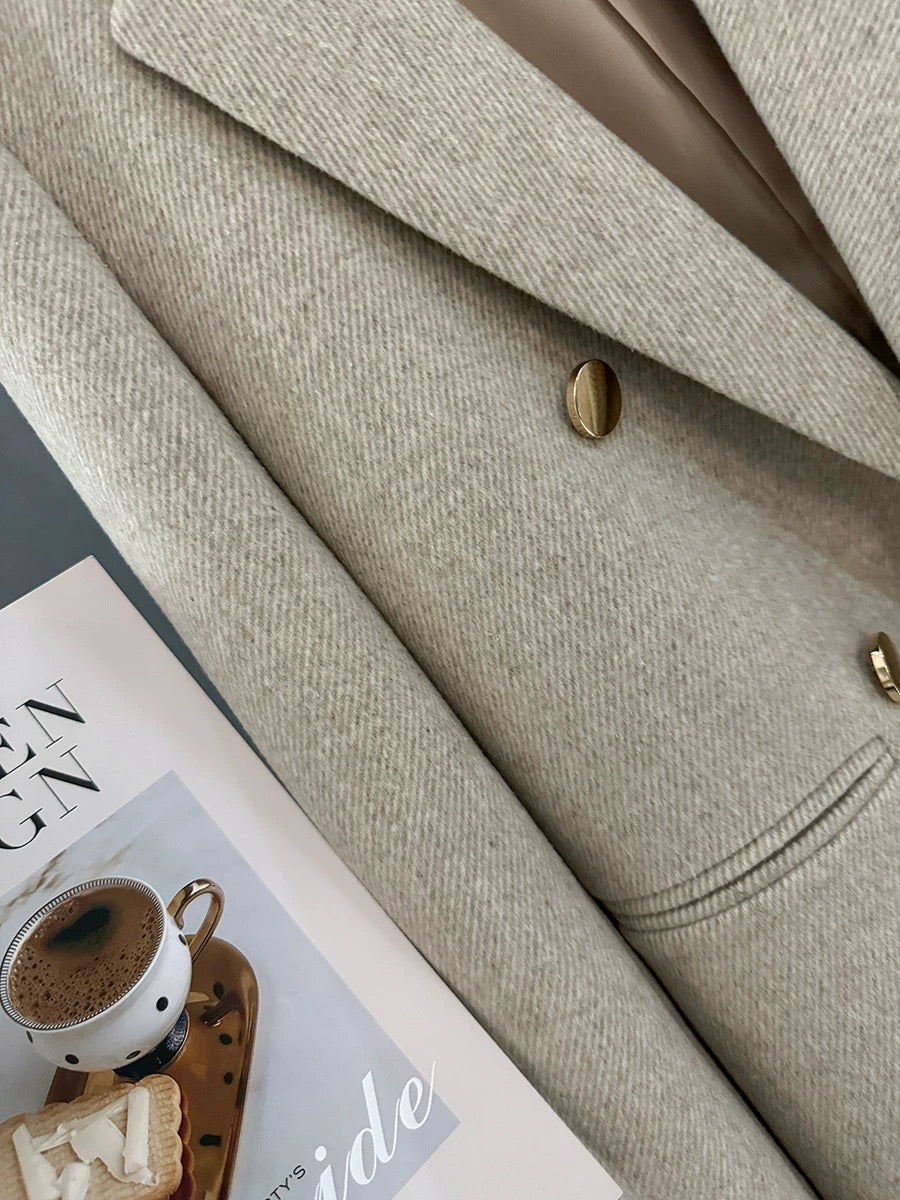 Beige metal buckle woolen blazer women's 2023 new winter high-end British style versatile suit