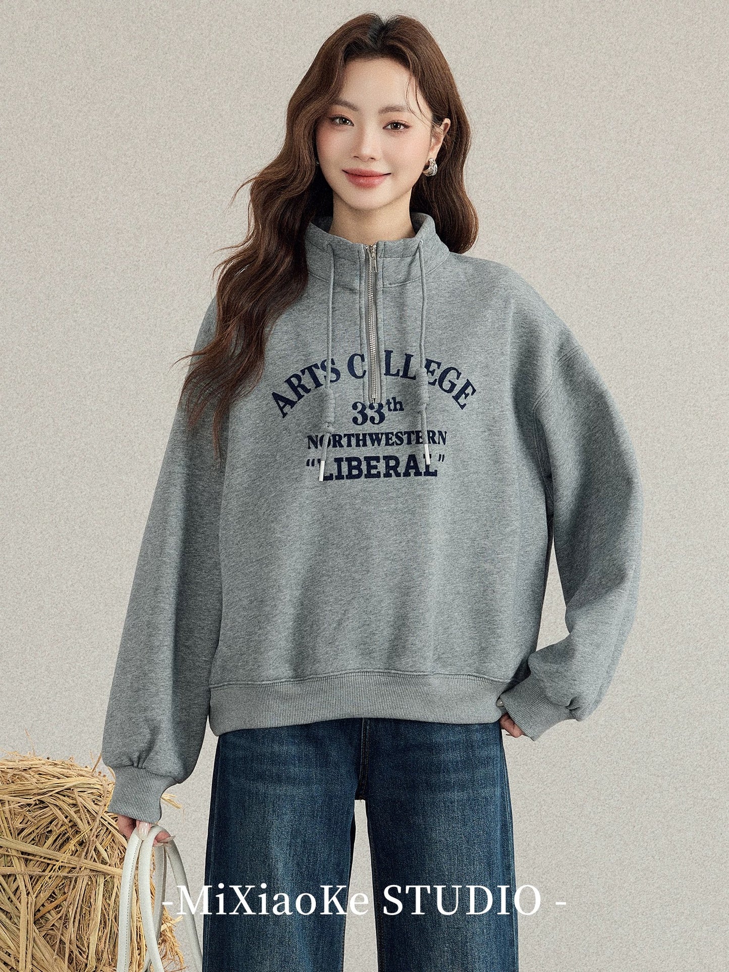 Mi Xiaoke Casual Loose Korean Style Half-Zip Fleece Sweatshirt Women's New 2025 Hot Item Fashionable and Stylish Top