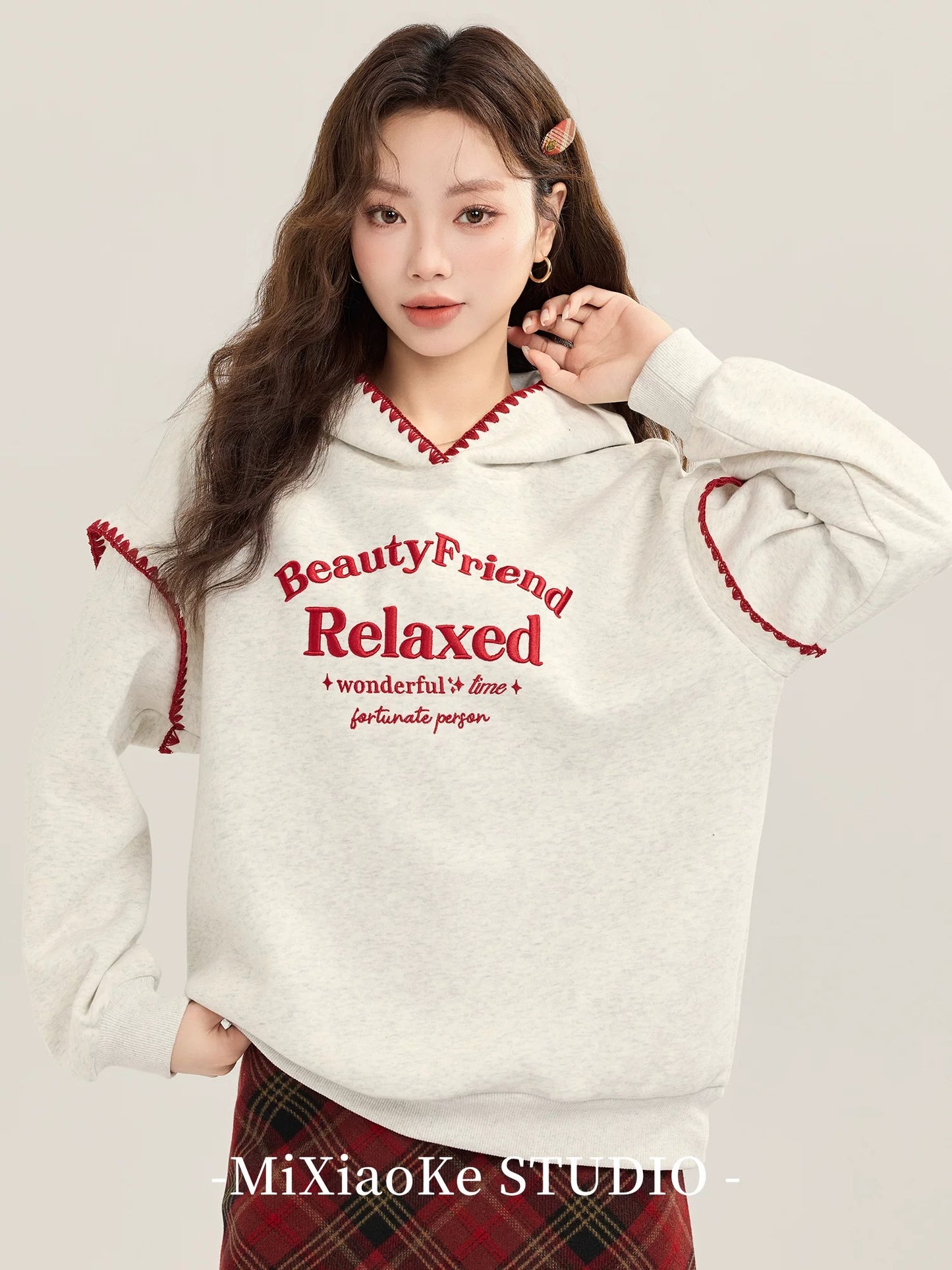 Mi Xiaoke American Retro Gray Embroidered Hooded Sweatshirt Jacket Women's Autumn and Winter Lazy Style Loose Pullover Top