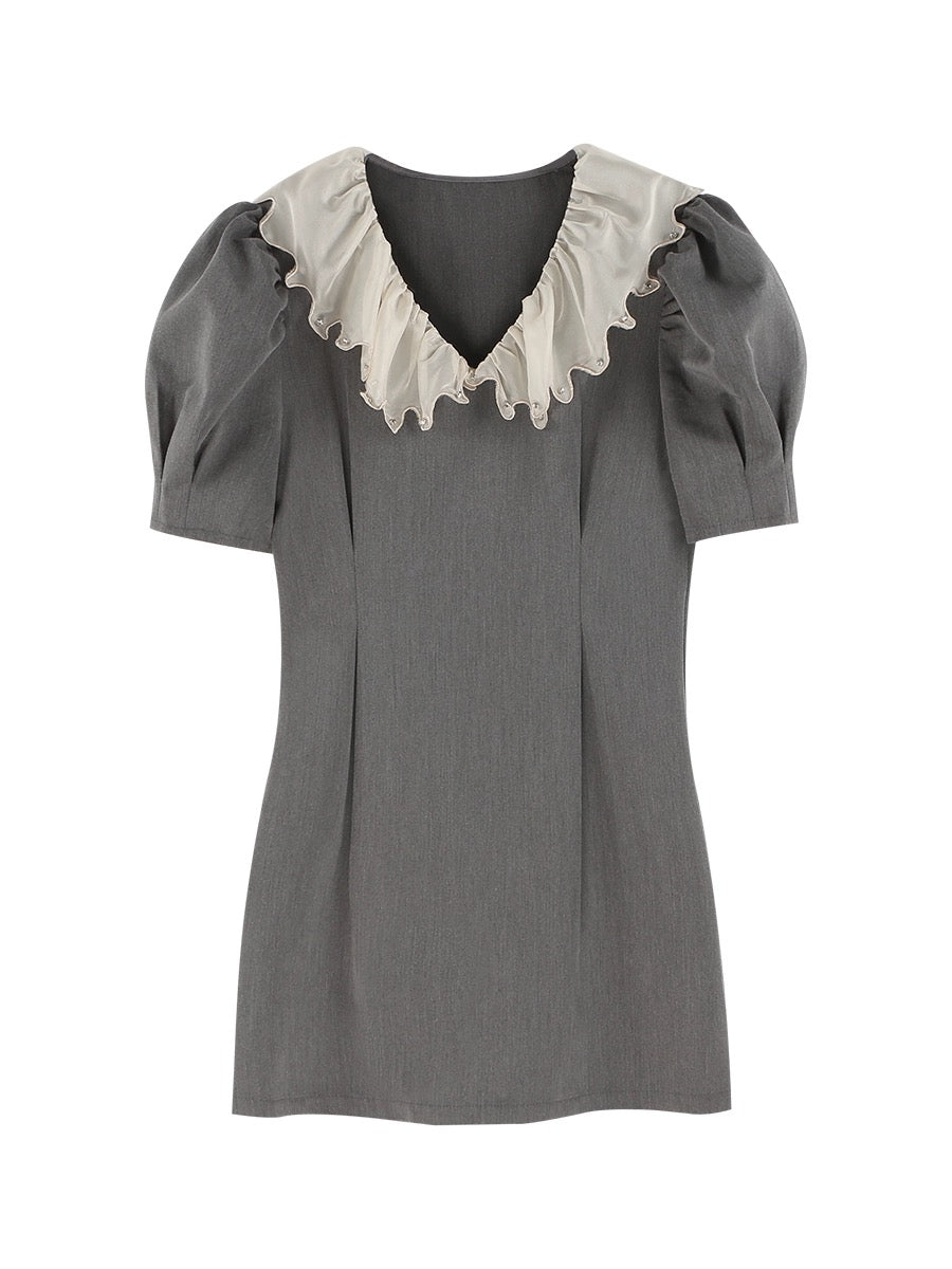 Xiajia rhinestone doll collar French temperament suit skirt gray short-sleeved waist dress women's summer short skirt