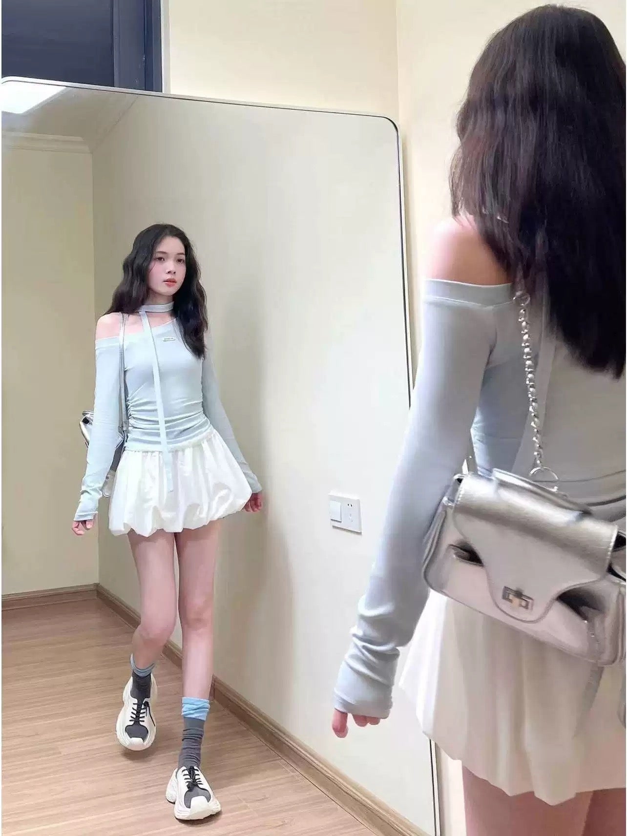 Dopamine street wear a complete set of oblique collar off-shoulder blue top flower bud short skirt small unique suit female