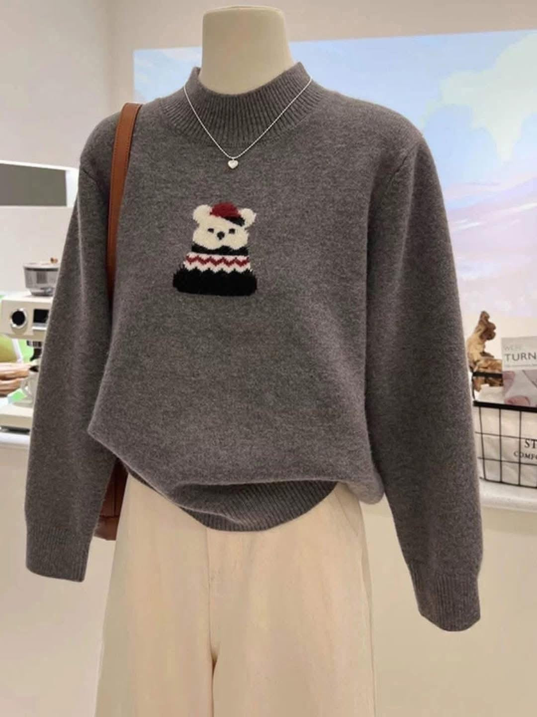 Korean style cartoon bear jacquard retro knit sweater, winter style, loose fit, slimming, high neck sweater, versatile top for women.