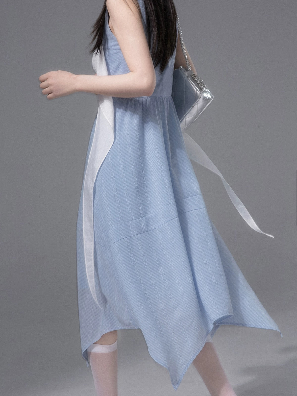 COTRE Clear Sky Blue Summer Light Contrast Color Sleeveless Irregular Hem Dress