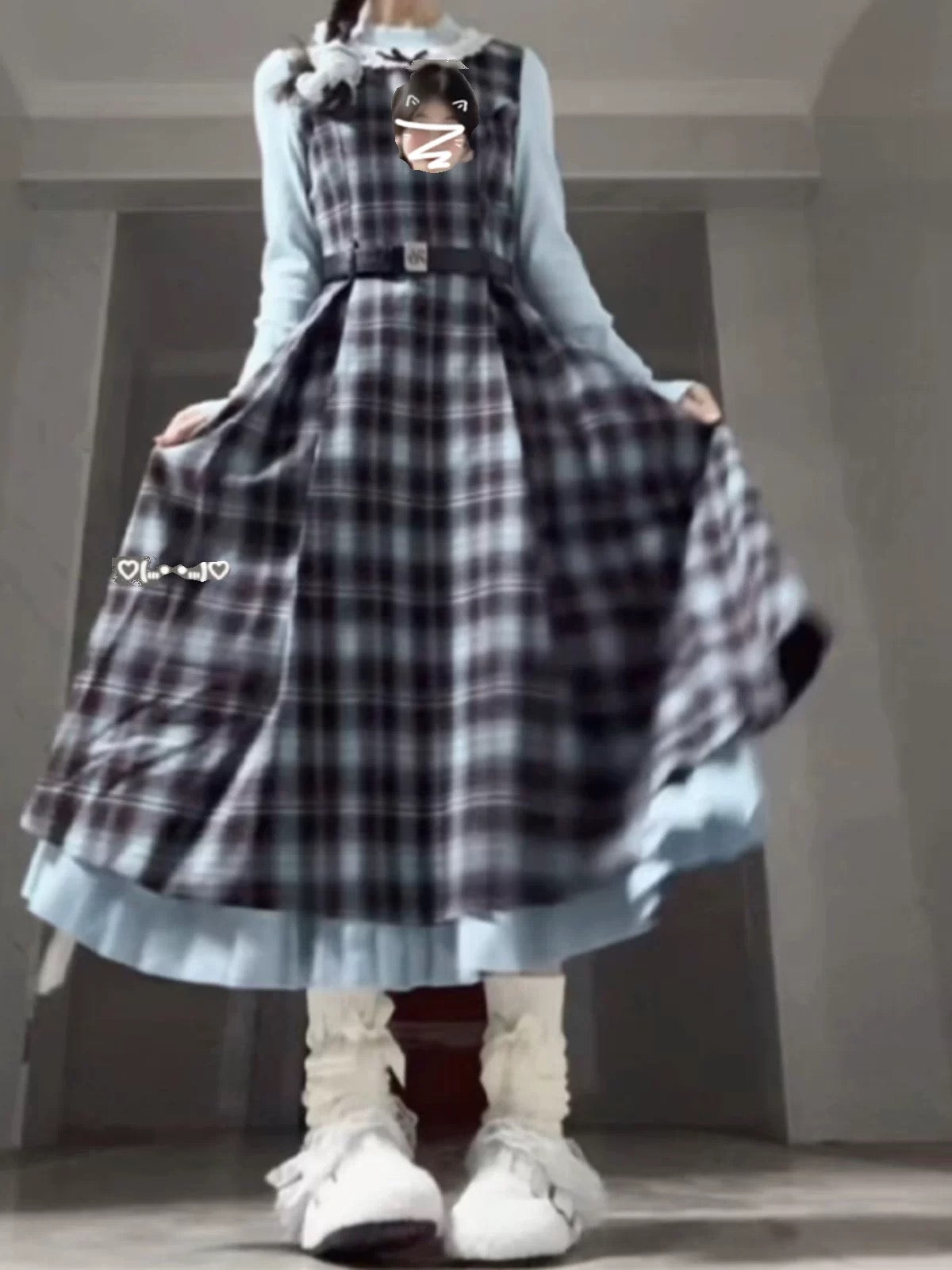 French retro college style fake two-piece knitted stitching plaid long skirt 2025 spring new small dress