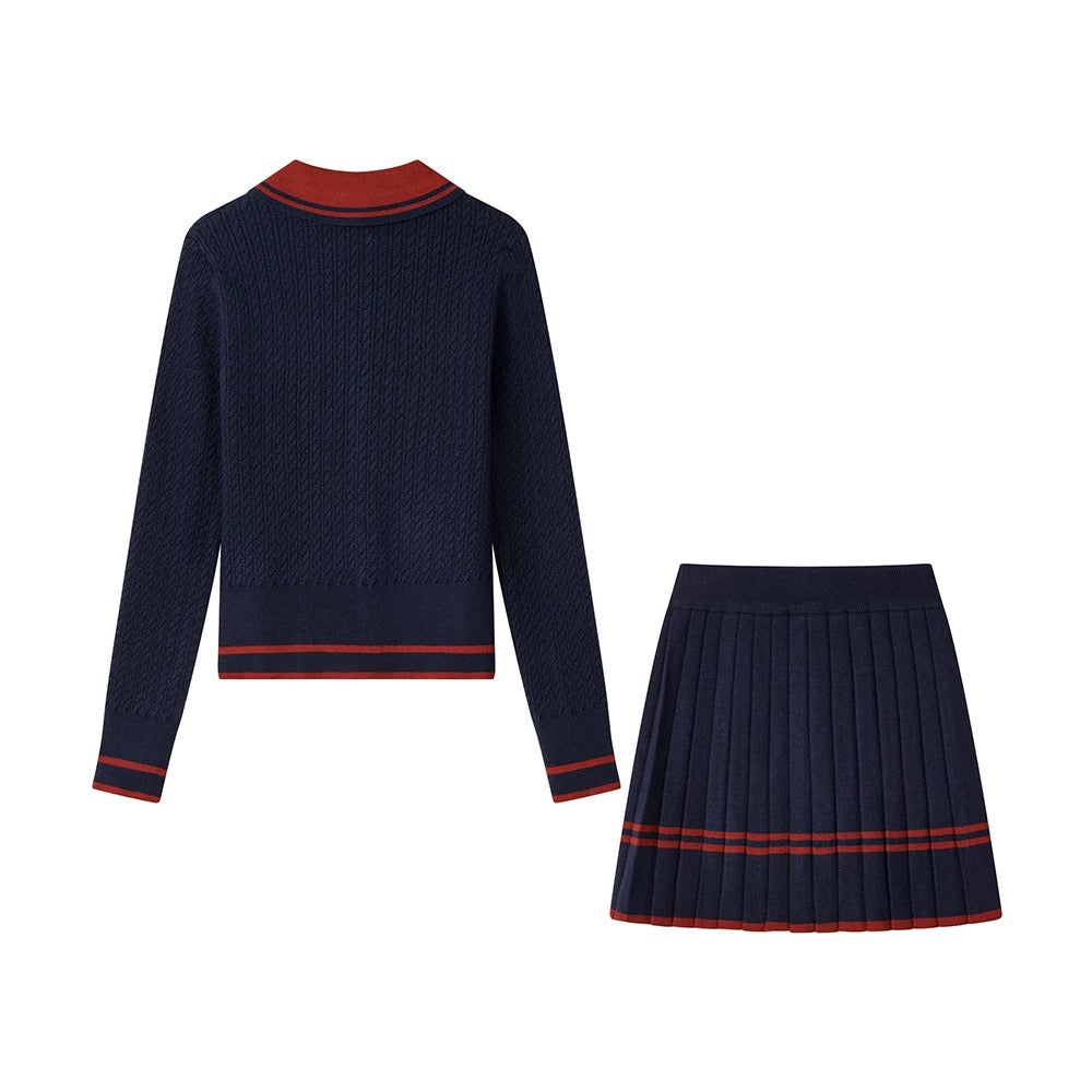 XinmonLee college style age-reducing knitted suit contrast color short top two-piece suit high waist pleated skirt autumn