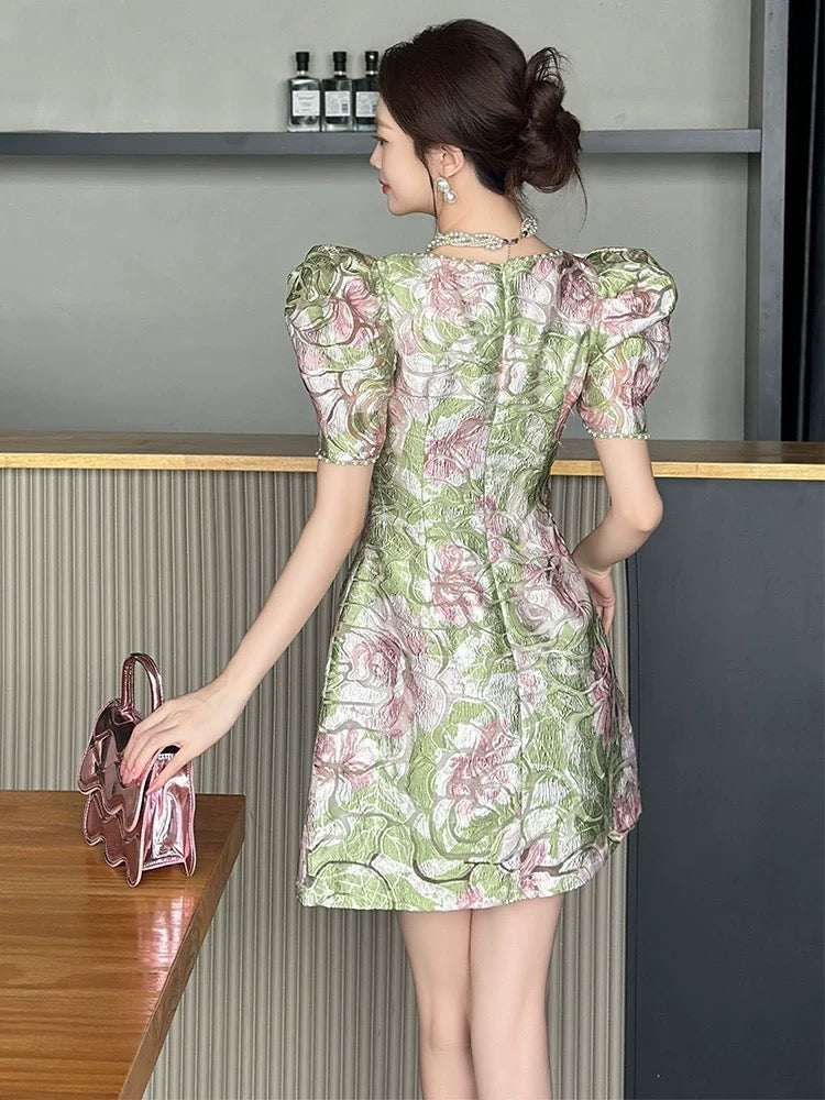 European palace style dress for women summer French retro square collar temperament jacquard design waist a-line skirt