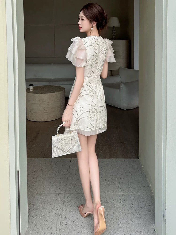 European station small style dress women's summer heavy work temperament sequin embroidery high-end exquisite design a-line skirt