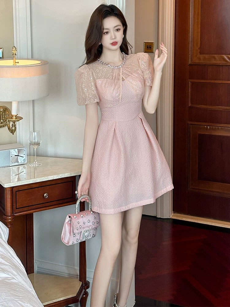 European station petite dress female summer pink high-end birthday party dress waist slimming A-line skirt