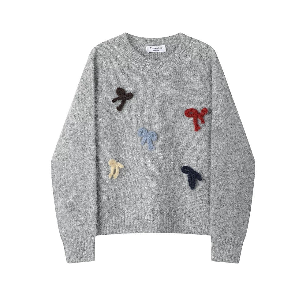 XinmonLee Korean version of loose versatile design three-dimensional bow knitted sweater autumn and winter temperament top