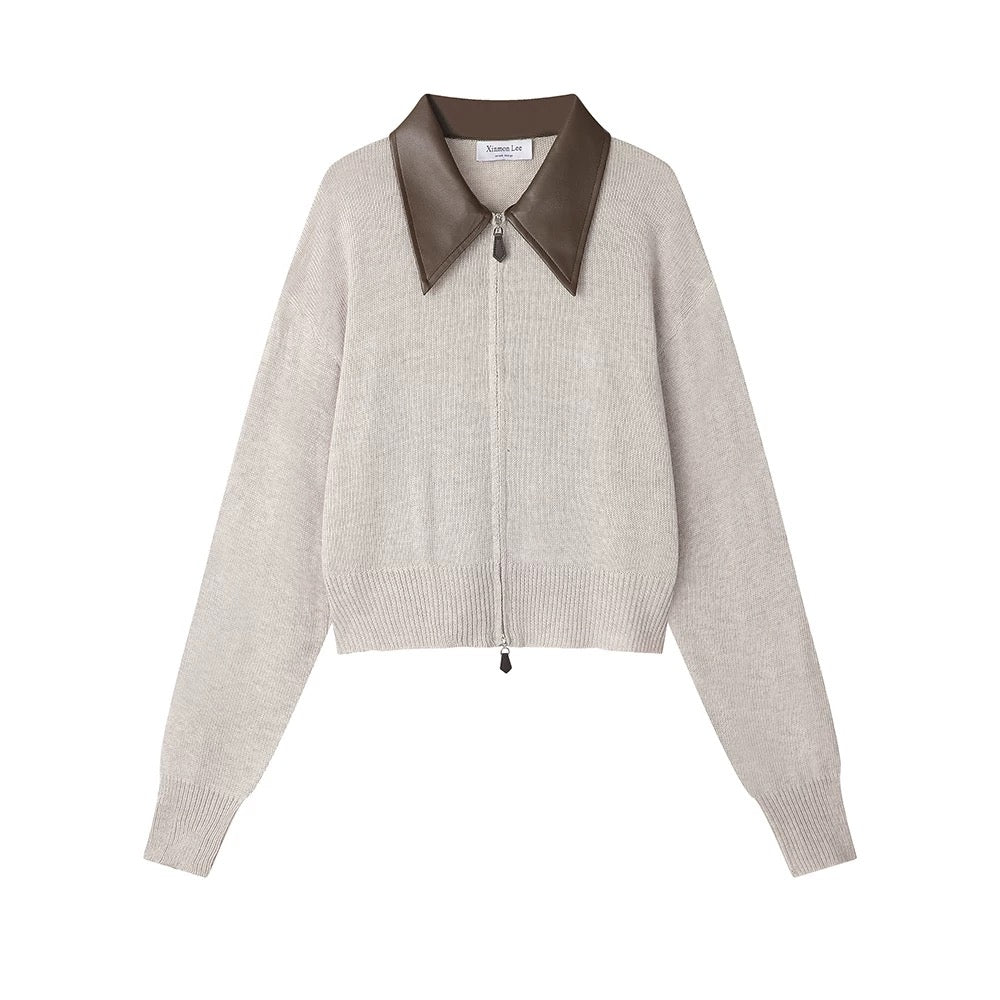 XinmonLee temperament simple lazy style splicing POLO collar knitted cardigan autumn and winter versatile short sweater