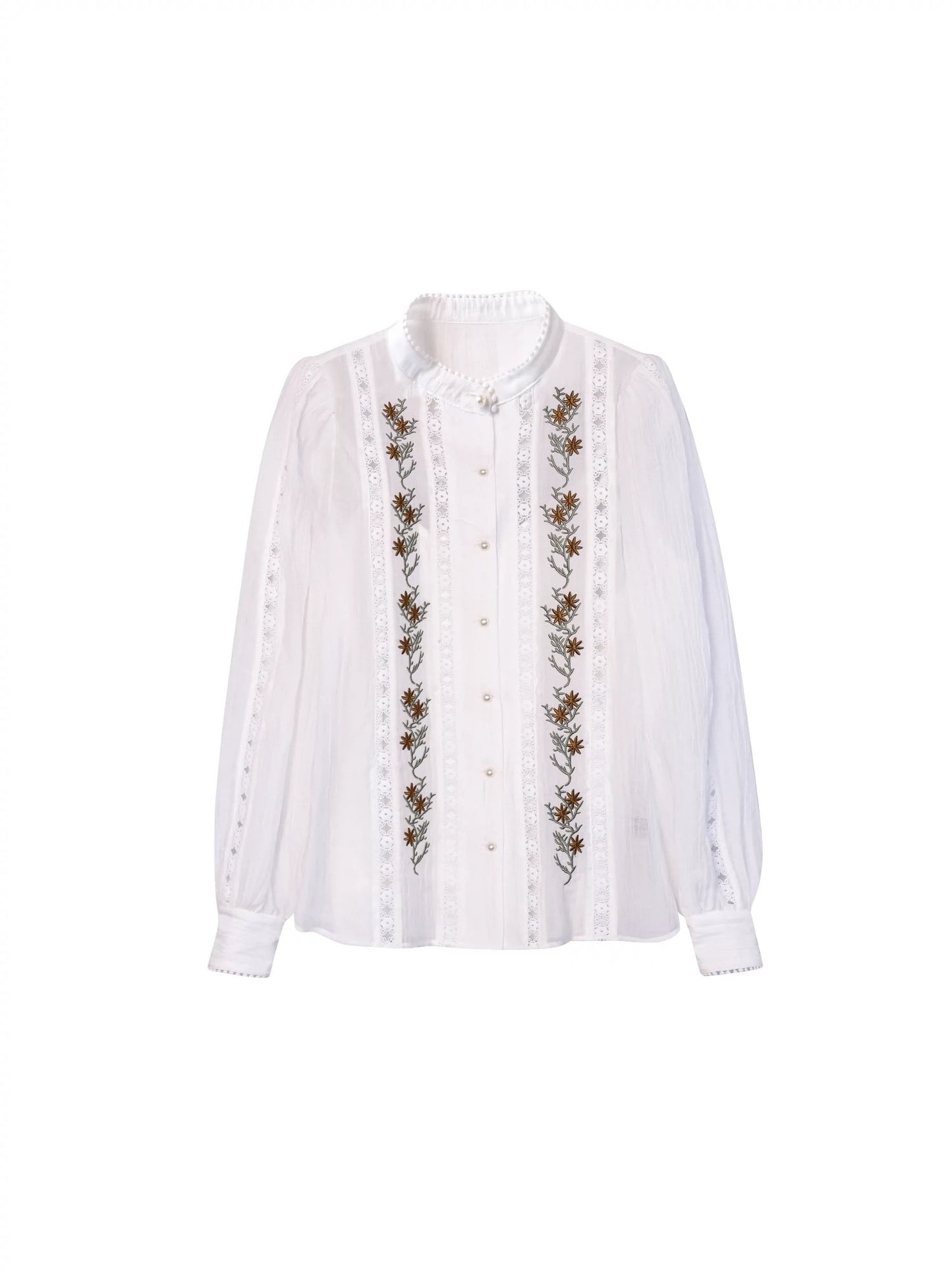 DALU retro shirt! Heavy embroidery lace splicing design see-through shirt