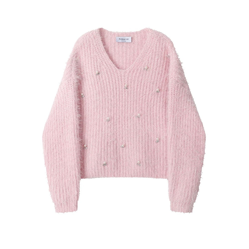 XinmonLee French chic V-neck design knitted Christmas sweater autumn and winter women's super beautiful short tops