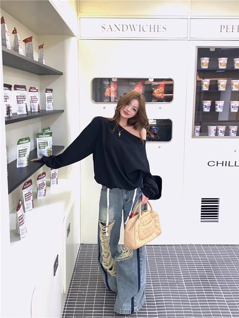 Kumikumi American retro ripped jeans wide-leg pants women's summer design loose straight pants mopping pants