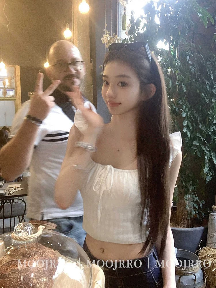 French style white small flying sleeve camisole for women in summer, small and unique, slim and thin short top