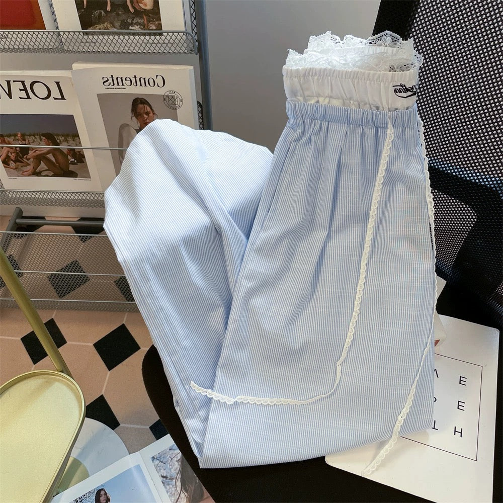 Summer relaxed fit, faux two-piece striped wide-leg trousers with lace trim, new style for men and women, high-waisted straight leg casual pants.