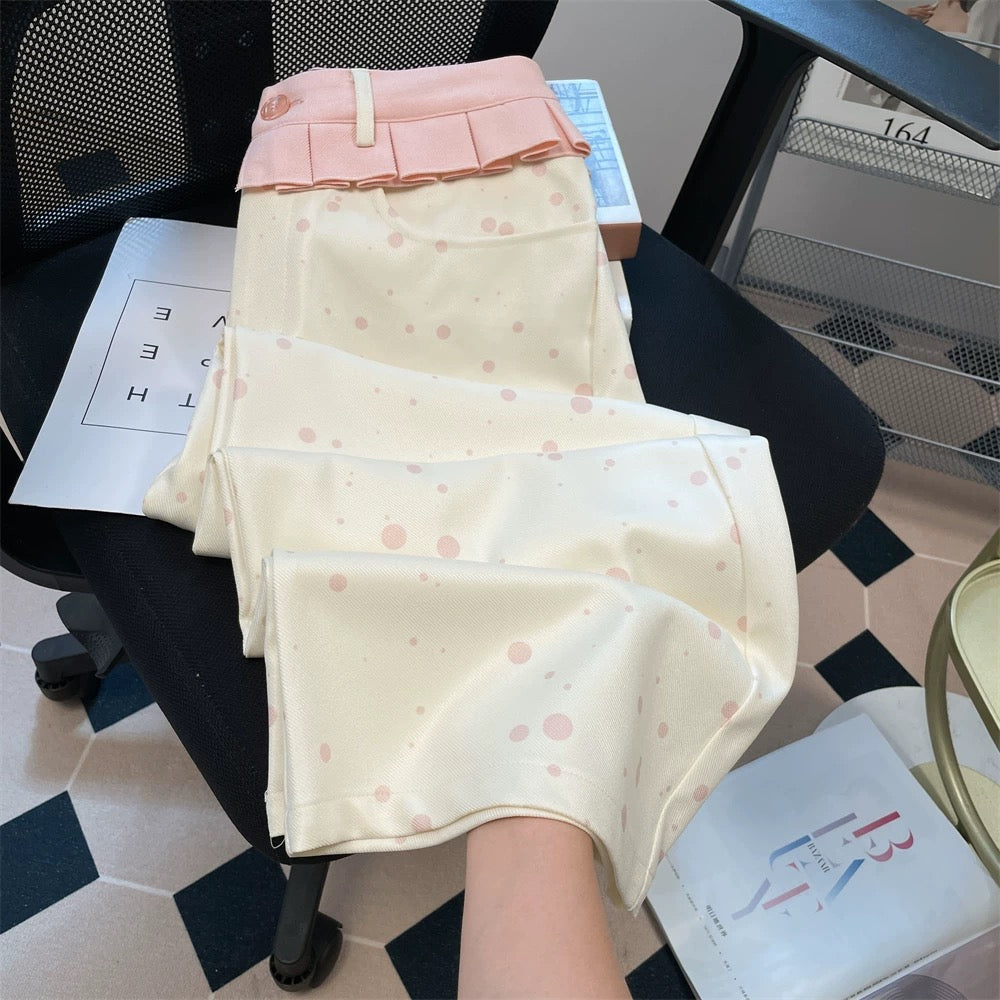Korean style sweet polka dot color-blocked skirt with high-waisted straight leg pants, unisex autumn trendy casual trousers