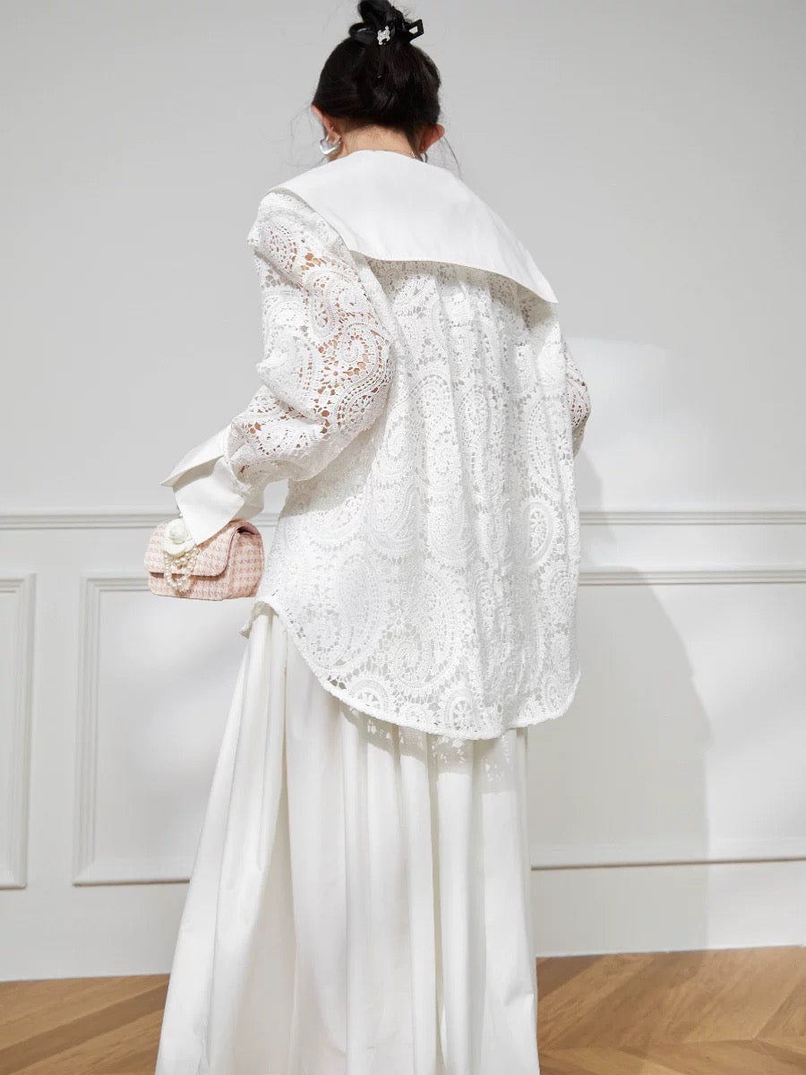 Plum Jan/Niche design white lace hollow shirt women's 2024 spring new chic and beautiful top