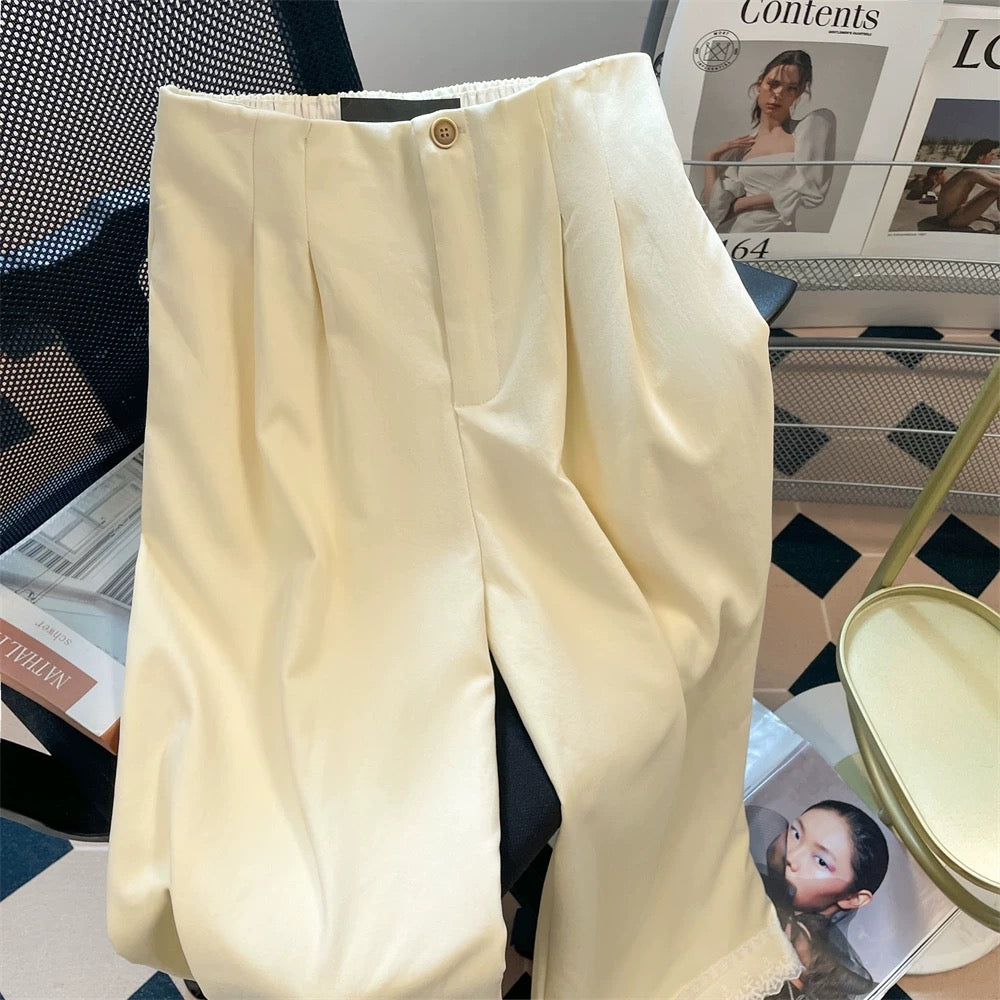 Summer-inspired wide-leg trousers with lace trim, new European style, straight-leg and draped suit pants for men and women.