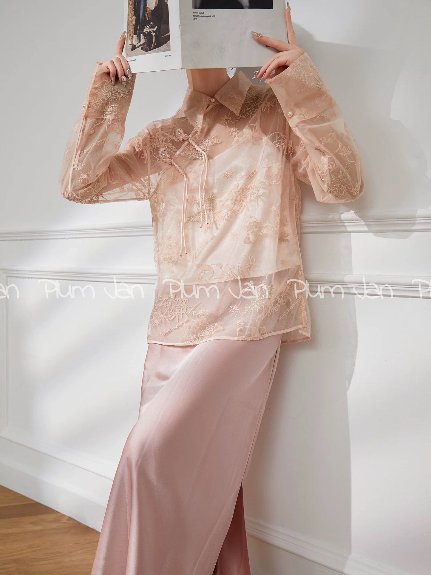 Plum Jan/New Chinese lace top bottoming shirt for women spring and summer new national style design pink button shirt