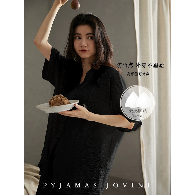 Qiaoweini Pajamas for Women Summer Cool Thin Bubble Cotton Short Sleeve Shorts Black with Breast Pads to Prevent Bumps and Can be Weared Outside