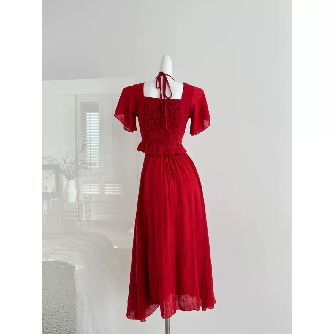 Miyou Homemade Drunk Wild Berry Holiday Style Red Retro High-end Short Top + Ruffled Long Skirt for Women