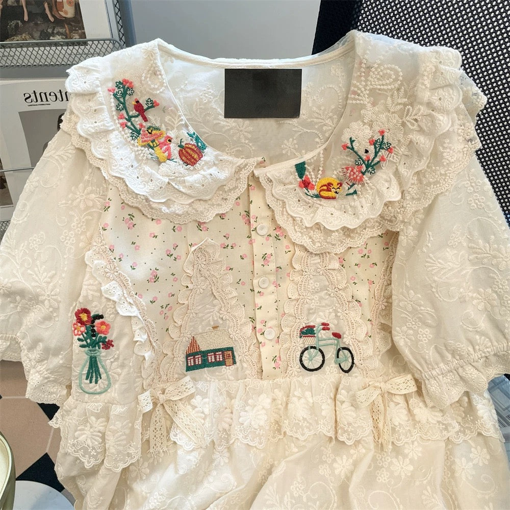 High-end retro chic lace babydoll top, unisex summer floral embroidery Mori-style short-sleeved shirt