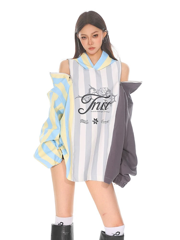 CCUP SPACE zipper splicing contrast striped jersey hooded sweatshirt for women in autumn and winter with off-the-shoulder top