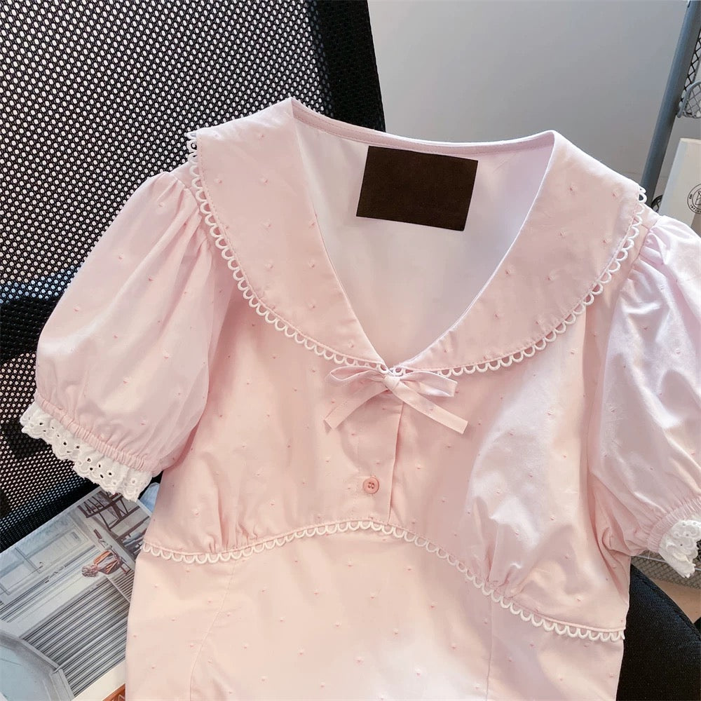 Pink designer bow tie waist-cinching short-sleeved shirt, sweet and stylish summer lace Peter Pan collar cropped top