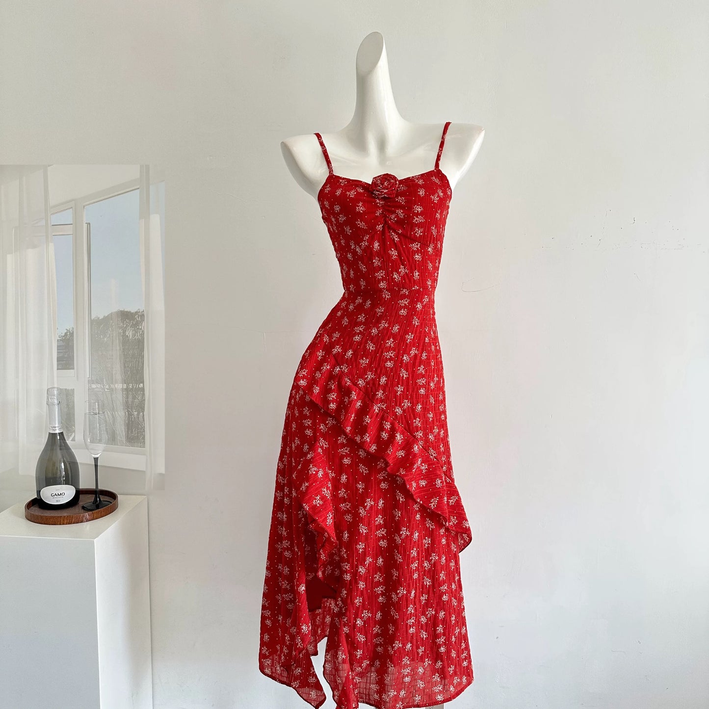 Miyou Homemade New Product 95% Off Undefined Floral Dress/Beautiful Red Holiday Sling Slit Long Dress