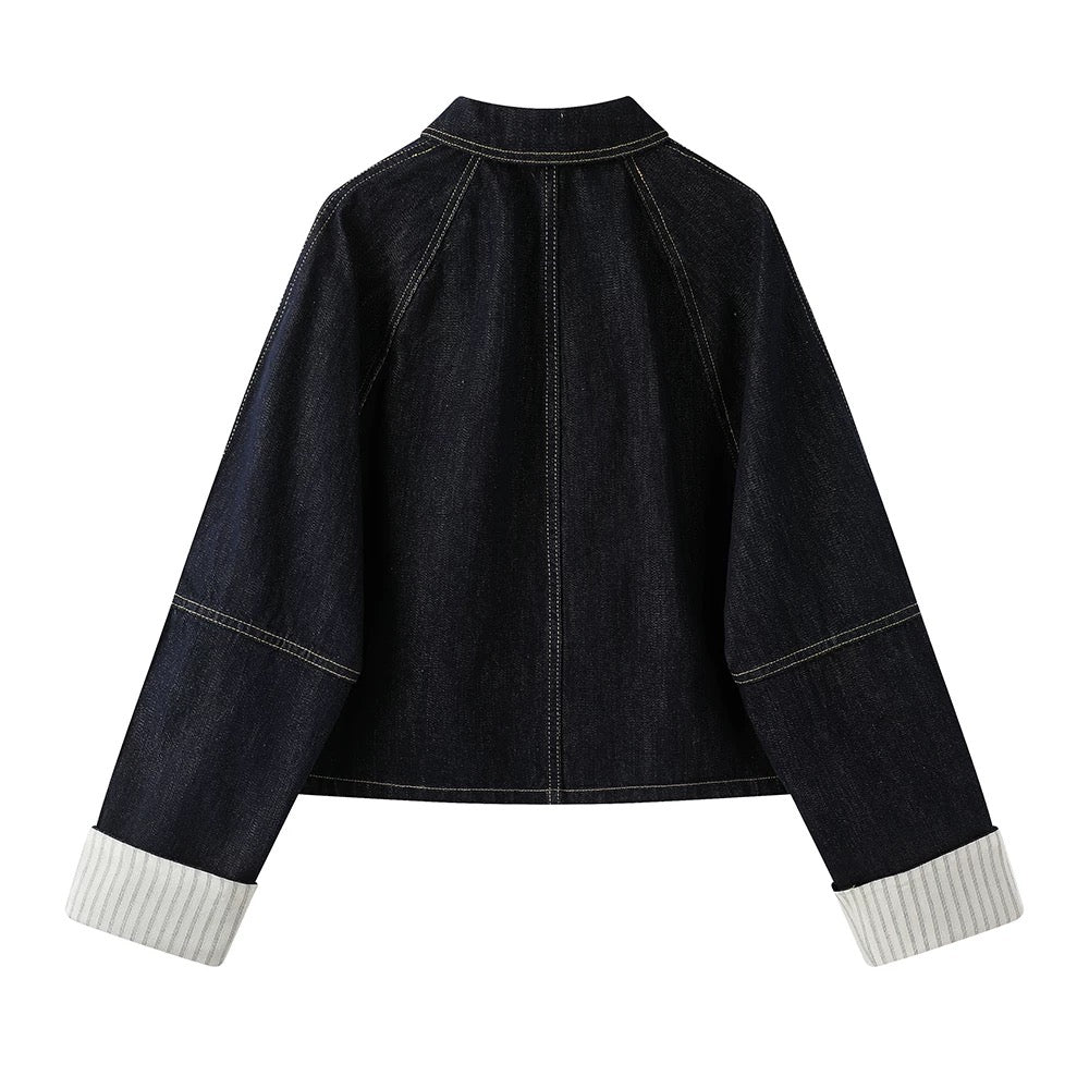 XinmonLee Korean retro temperament denim jacket zipper cardigan splicing striped cuffs design jacket spring