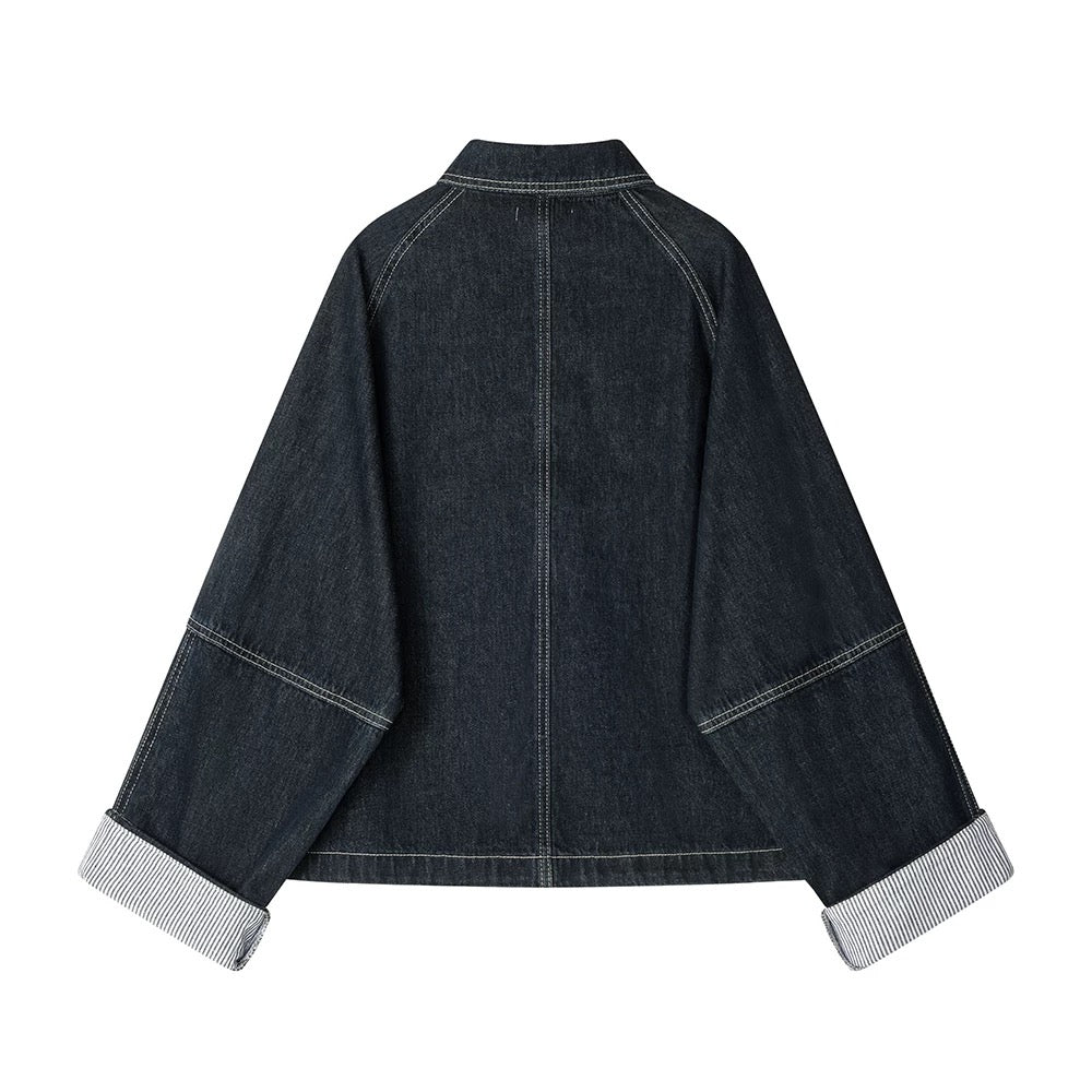 XinmonLee Korean retro design sense bright line denim jacket autumn striped stitching cuffs jacket cardigan