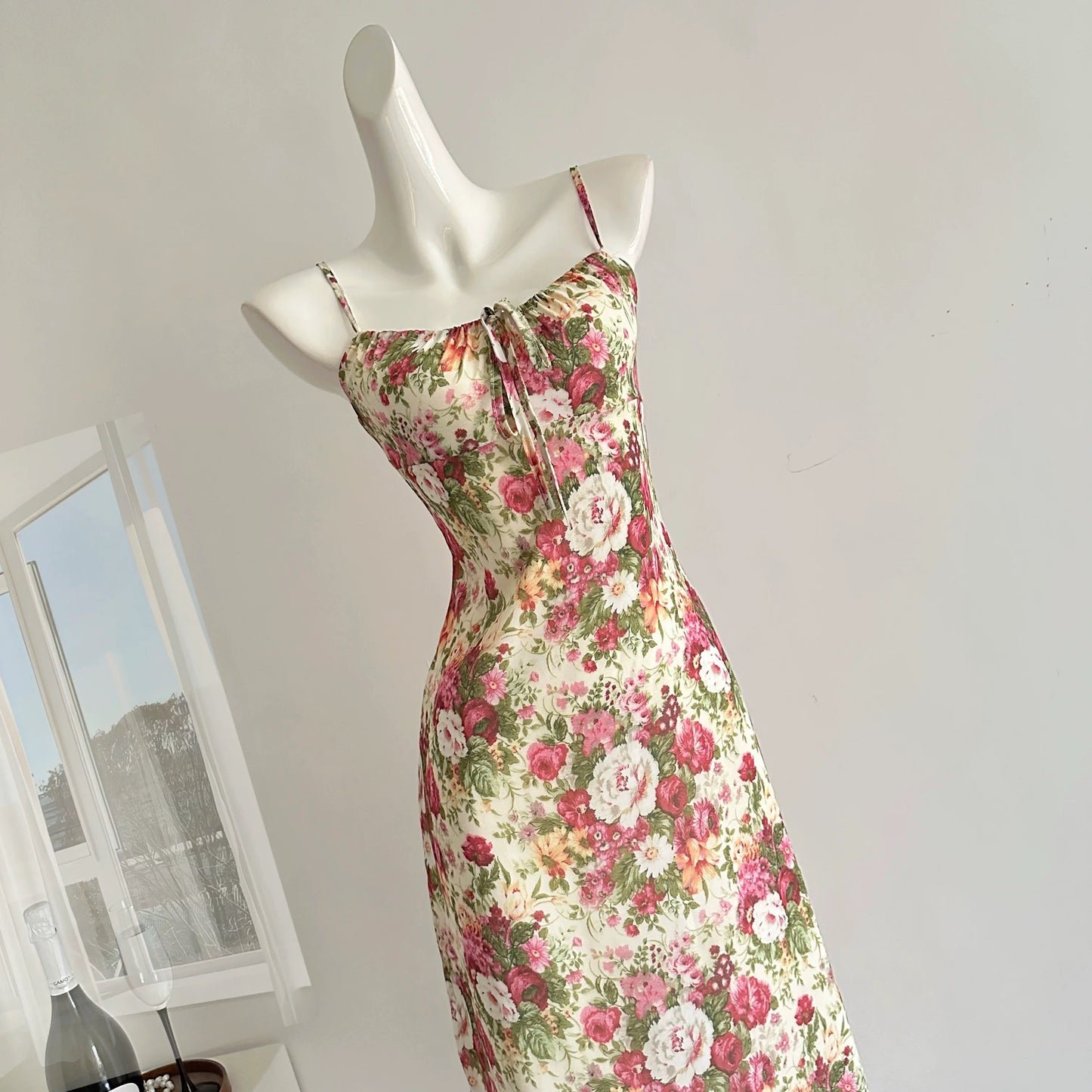 Miyou homemade bright rose print slim fit suspender skirt summer temperament dress for women