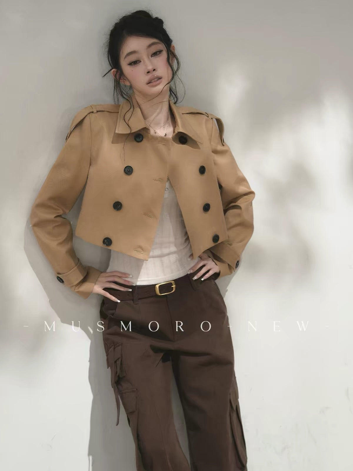musmoro Women’s Cropped Double-Breasted Trench Coat – High-Waisted, Oversized-Fit Khaki Jacket for Petites