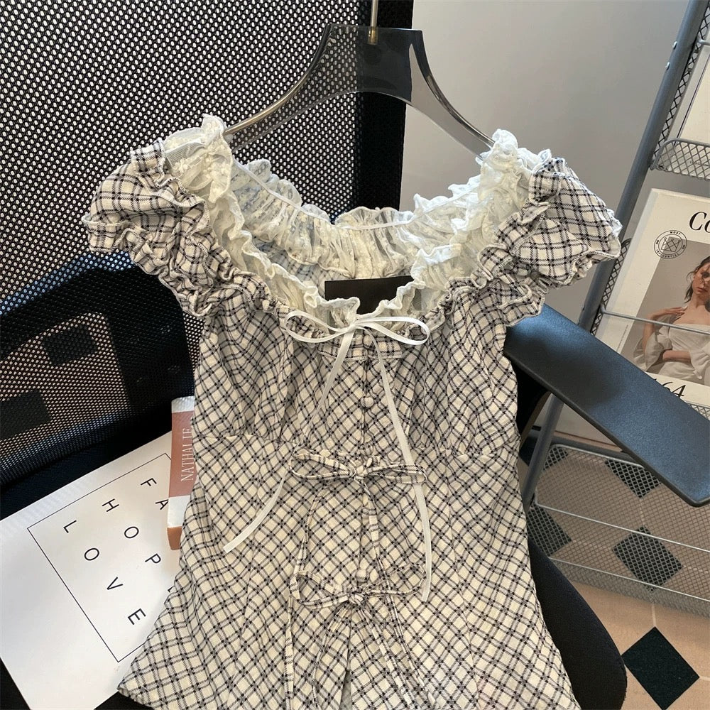 Retro American sweet and spicy girl bow tie short-sleeved shirt unisex summer vacation two-piece plaid short slim top