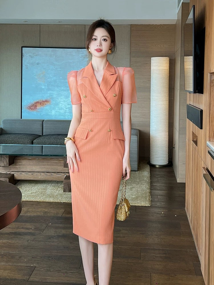 orange professional dress Orange professional dress summer feminine goddess style high-end forma Lee Nhi Boutique