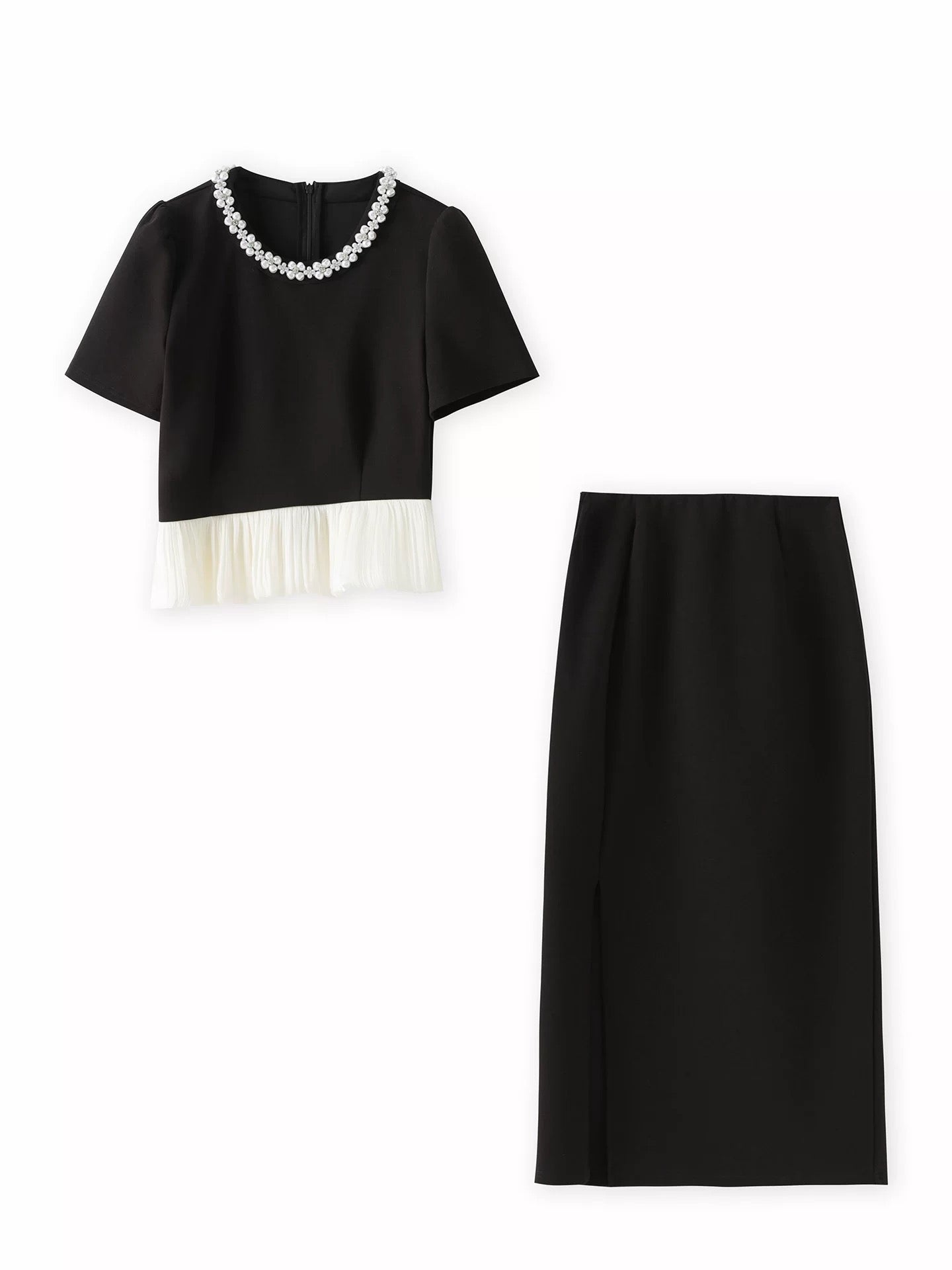 RMO&JUL heavy beaded round neck contrast color ruffled T-shirt + slit skirt fashionable two-piece suit Luo family women