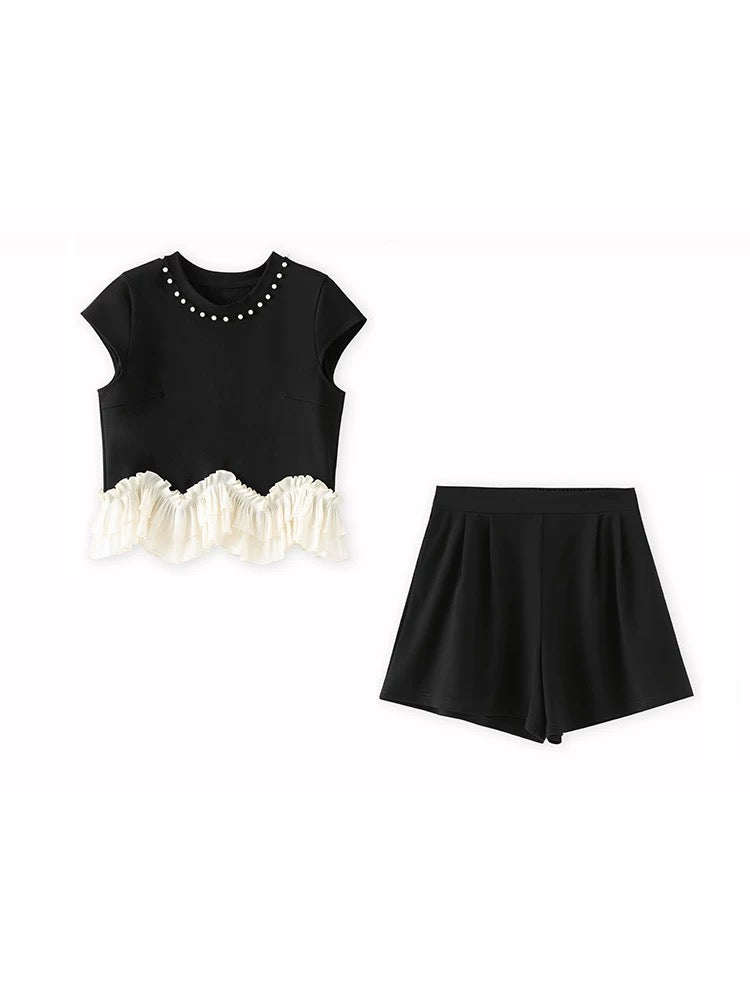 RMO&JUL Fashionable Age-reducing Color-contrast Lotus Leaf Lace Beaded Round Neck T-shirt + Wide-leg A-line Shorts Set Luo Jia Women