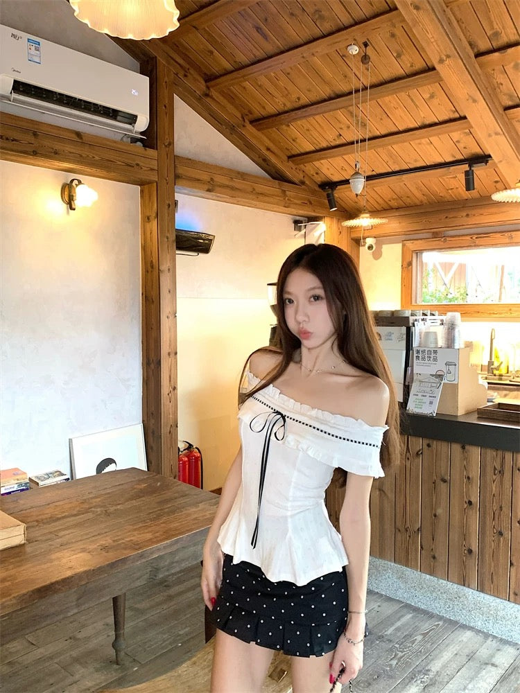 Kumikumi French design white one-shoulder short-sleeved T-shirt women's summer polka dot skirt two-piece suit
