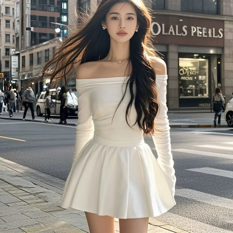Coco KEKE one-shoulder white waisted temperament puffy dress 2024 autumn new style