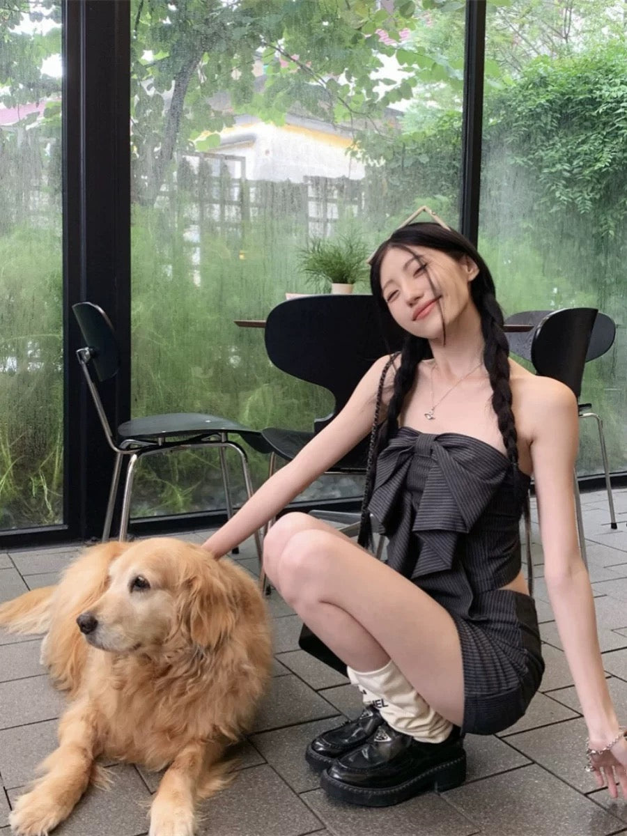 Kumikumi Temperament Suit Striped Bowknot Tube Top Women's Summer High Waist Skirt Short Skirt Two-piece Suit