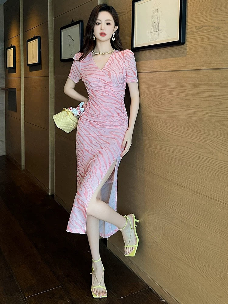 European station pink dress for women summer 2024 new elegant and sexy temperament slim slit long hip skirt