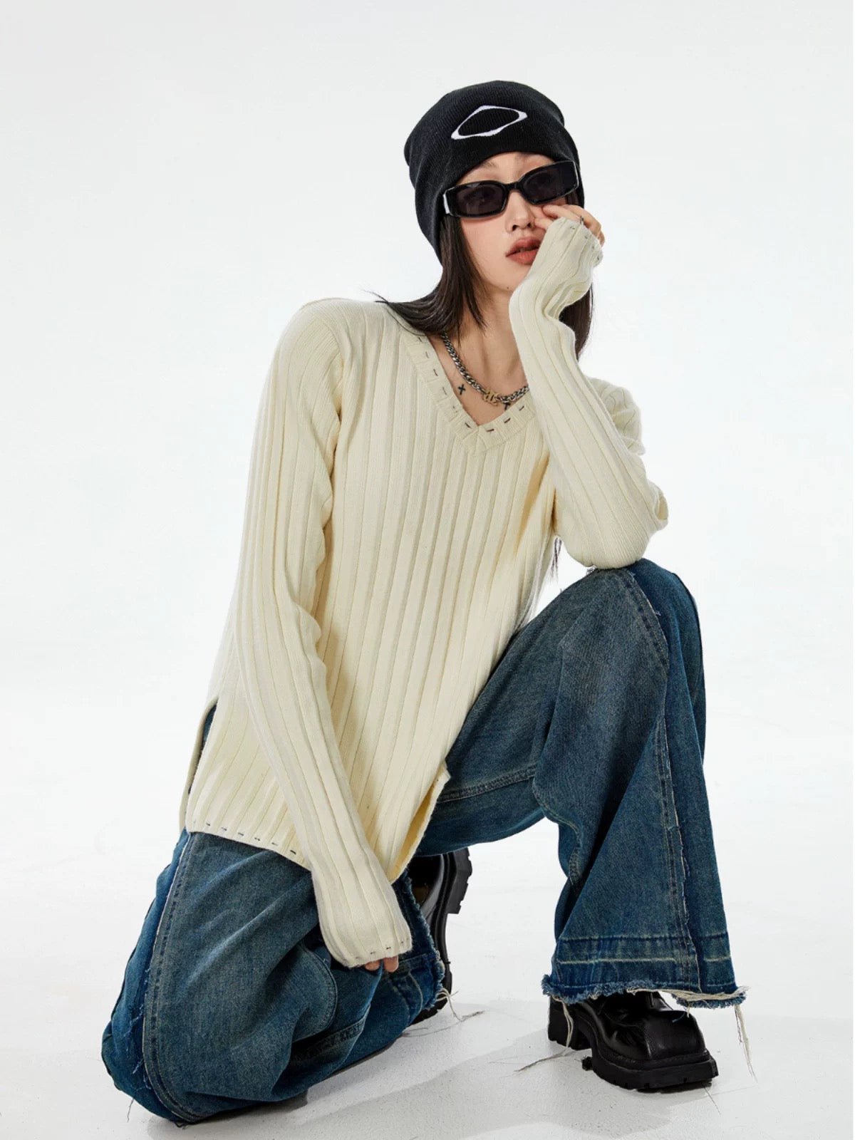 ICH MODE American black sweater women's spring and autumn loose knitted bottoming shirt long-sleeved lazy style top