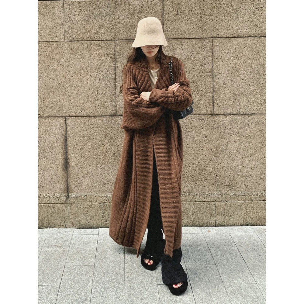 Gray large lapel sweater coat for women, loose and lazy, extra long knitted cardigan, bathrobe, casual coat, thick