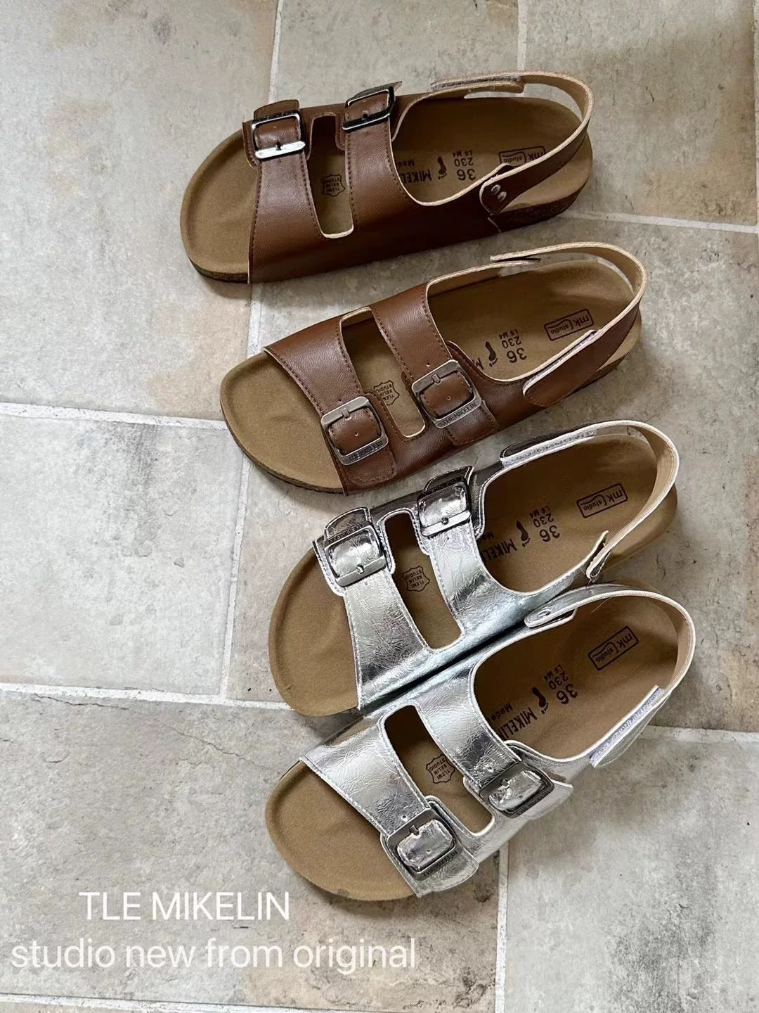TLEMIKELIN daily versatile cork thick-soled Birkenstock sandals Korean style fashionable silver belt buckle sandals