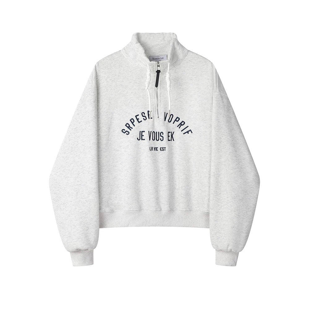 XinmonLee Korean version of the casual retro stand-up collar half zipper letter embroidered sweater versatile lazy style top autumn