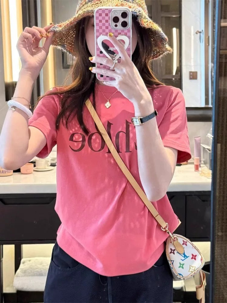 Summer beautiful small tops 2025 new small stylish super beautiful letter print pink short-sleeved T-shirt female