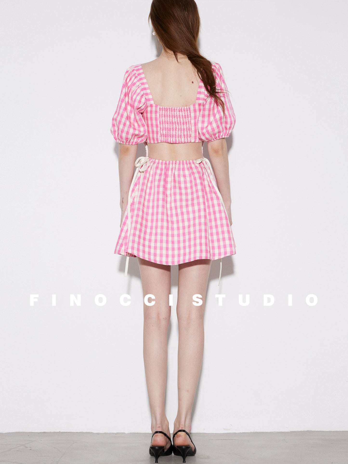 FINOCCI new summer imported machine-quality pink plaid fabric, cotton and linen feel, waist-reducing and energetic short dress