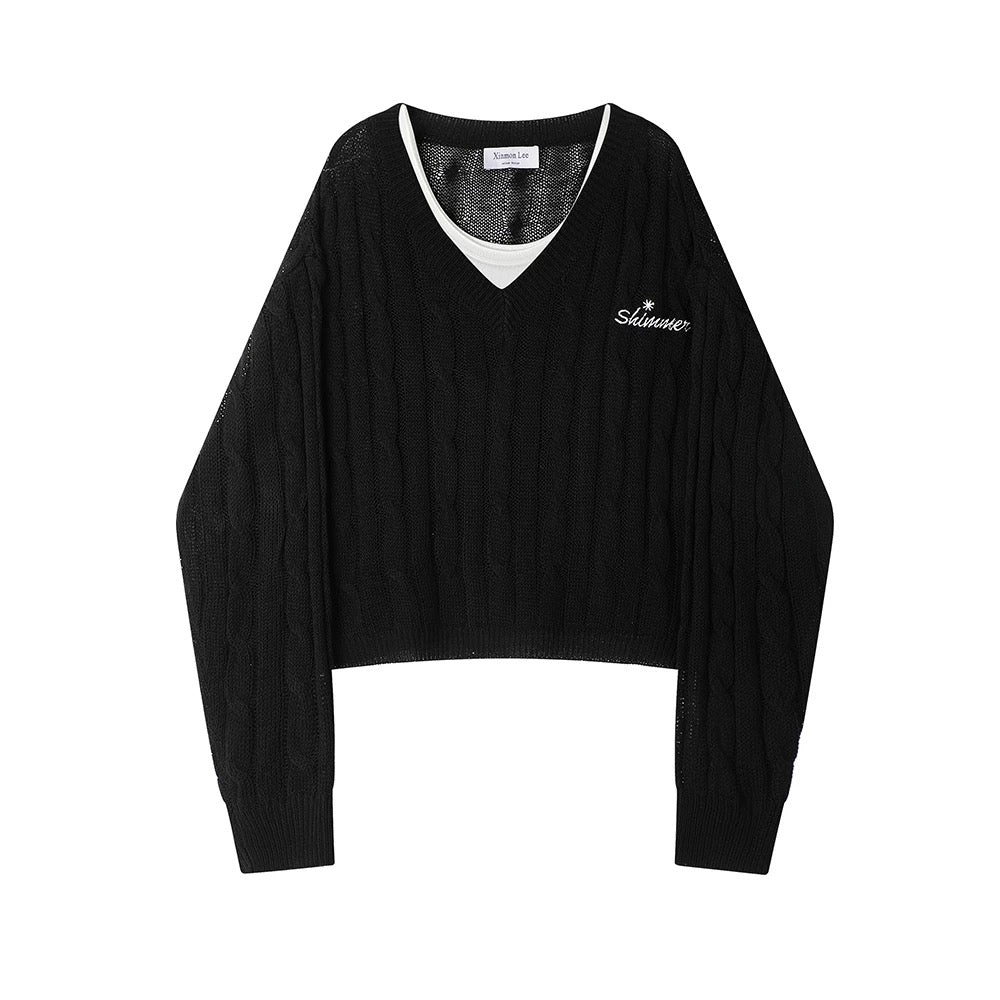 XinmonLee Korean retro casual knitted two-piece suit V-neck long-sleeved cardigan autumn short vest inner wear