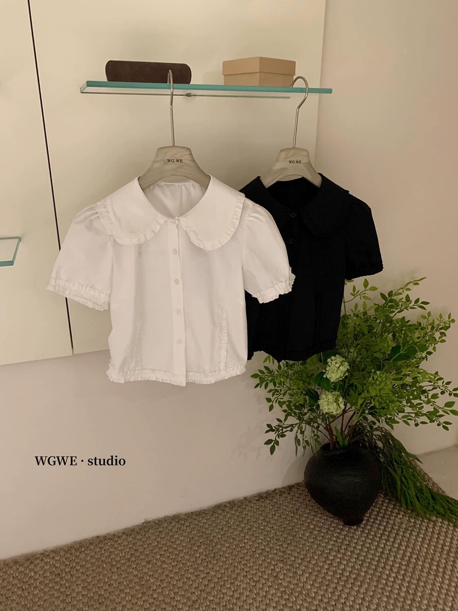 Small white short-sleeved shirt for women in summer 2025 new puff sleeve French shirt slim short top